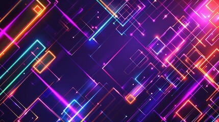 Abstract digital design featuring vibrant neon lines and geometric shapes on a dark background.