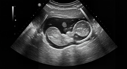 Ultrasound image of twins in the womb captured in black and white on a dark background with copy space