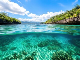 Fototapeta premium Pristine blue lagoon hidden within lush cliffs, coral reef providing a mesmerizing underwater world