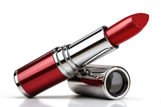 Glossy red lipstick displayed on a clean white surface for beauty and makeup enthusiasts