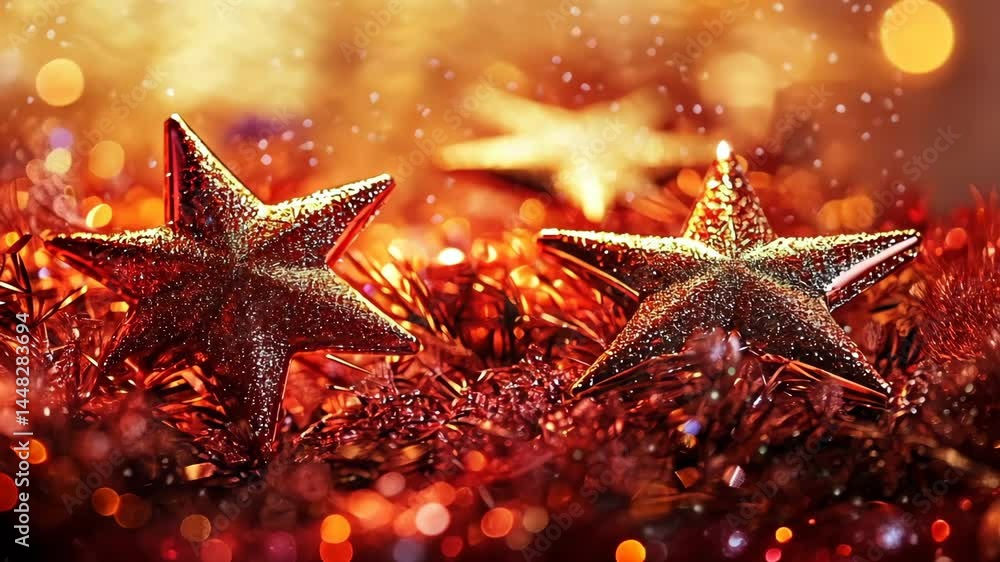 Poster sparkling gold stars in festive bokeh setting with falling snow