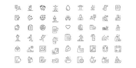 Ayurvedic Wellness and Meditation Line Icon Set – Herbal Remedies, Natural Healing, Yoga Poses, Self-Care Rituals in Minimal Vector Style