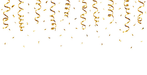 Vector realistic falling gold confetti and streamers seamless pattern on white background