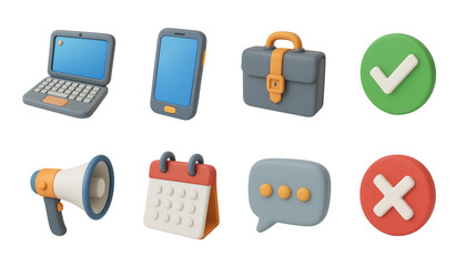 3D Office Icons Set – Laptop, Phone, Briefcase, Checkmark, Bullhorn, Calendar, Chat Bubble, Cross