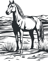 Black and white vector illustration of a horse standing in a natural desert landscape with mountains and grass.