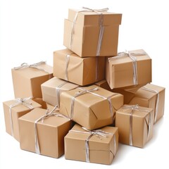 Fototapeta premium Pile of Brown Cardboard Boxes Tied with String on White Background