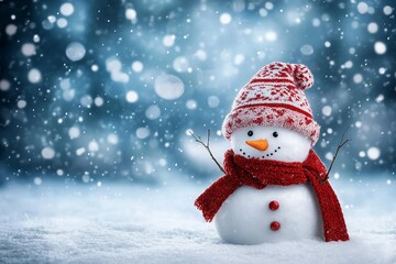 Happy snowman in winter secenery stock photo

