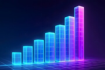 Vibrant futuristic bar chart glowing in neon colors, illustrating business growth, market analytics, economic success, and innovative digital strategies visualization.