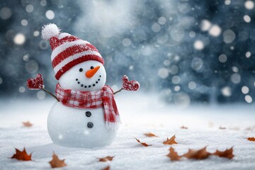 Fototapeta premium Happy snowman in winter secenery stock photo 