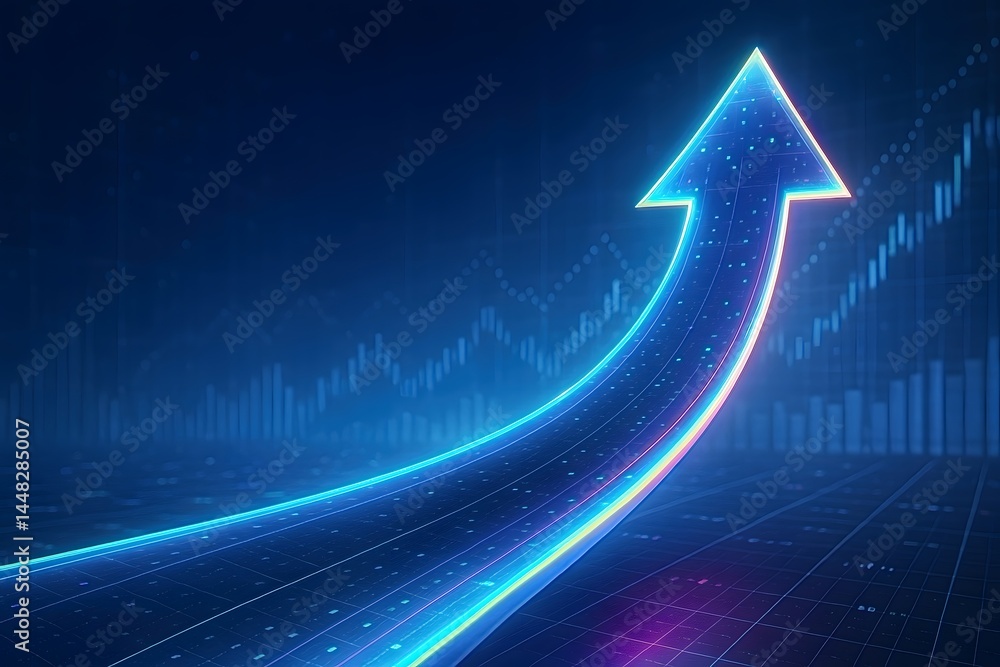Poster neon illuminated futuristic arrow curving upward through financial analytics graphs, symbolic concep