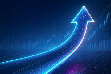 Neon illuminated futuristic arrow curving upward through financial analytics graphs, symbolic concept of accelerating market growth, successful investments, and strategic innovation.
