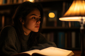 Captivating Low-Light Portrait of a Young Latin American Woman in a Cozy Library Setting