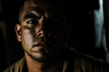 Cinematic Portrait of a Thoughtful Latin American Male in a Dimly Lit Room at Sunset