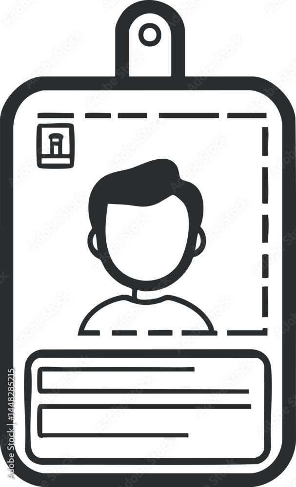 Poster black and white icon of an identification badge with a faceless male avatar and text fields for name