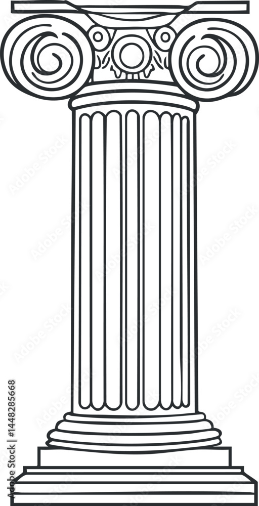 Poster line art illustration of a classical ionic architectural column with fluted shaft and scroll capital