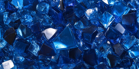 Close-up of blue glass pieces, showcasing a textured surface with varying shades of blue, suggesting depth and richness, ideal for background or design element