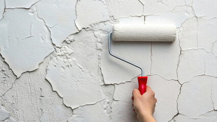 Side view of roller painting over old cracked wall with peeling paint, hand holding paint roller with red handle, home renovation and repair concept