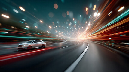 Fototapeta premium Silver car speeding on blurred night highway, vibrant city lights streaking past. Dynamic energy of motion creates excitement and modern progress