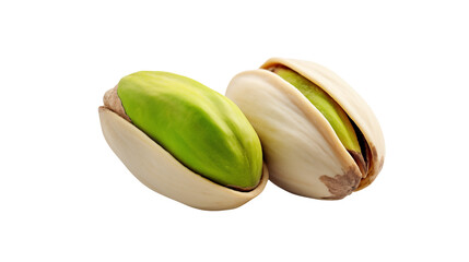 A close up of two pistachios one with the shell off and one with the shell slightly open isolated on transparent background