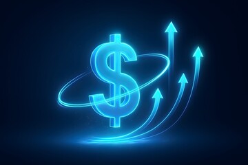 Obraz premium Futuristic neon dollar symbol with orbiting ring and upward financial arrows, symbolic illustration of global economic growth, innovative market success visualization.