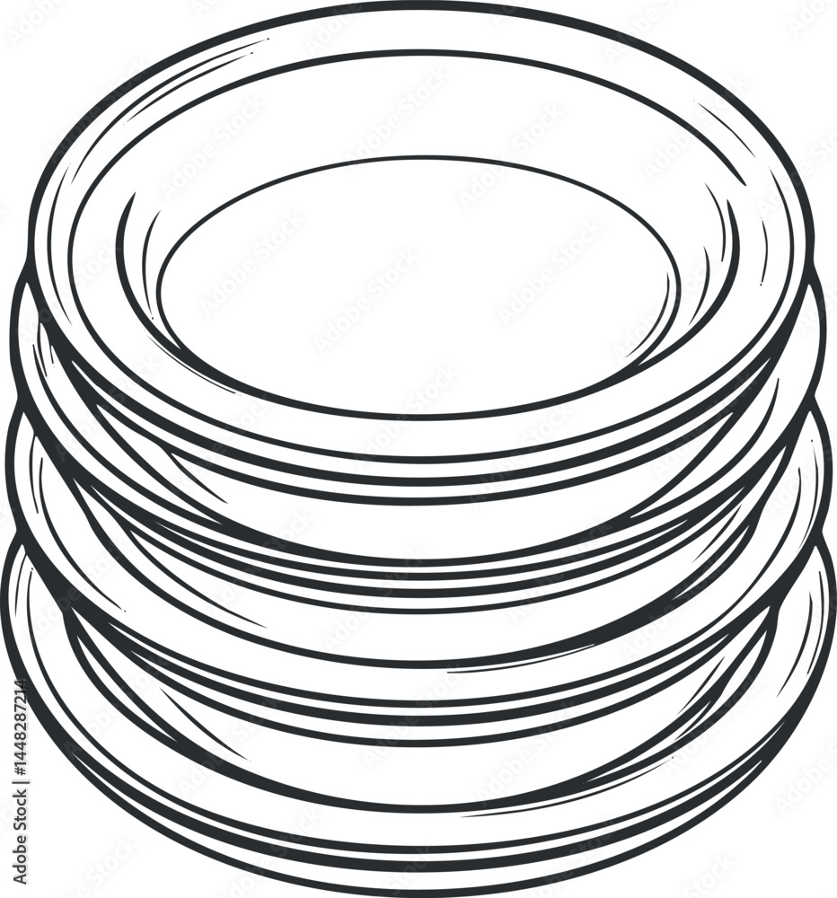 Poster stack of clean empty round plates in line art style isolated on white background for kitchen and din