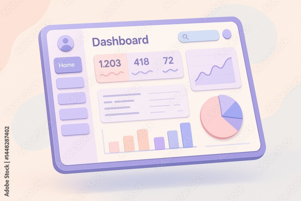 Poster interactive dashboard design with charts and graphs in pastel colors