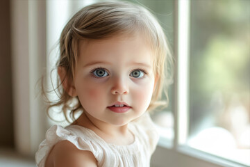 Young Child Seated Beside a Window With Soft Natural Light Streaming In