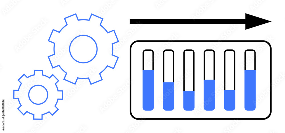 Aufkleber gears represent systems and processes working cohesively alongside bar charts depicting progress tra