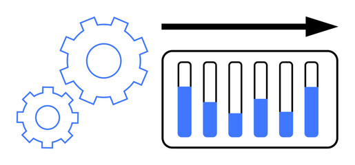 Gears represent systems and processes working cohesively alongside bar charts depicting progress tracking. Ideal for teamwork, productivity, efficiency, analytics, project management, strategy