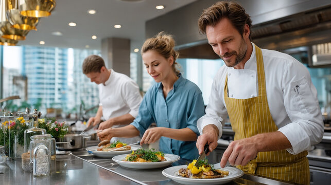 Professional chefs carefully plating delicious meals in busy restaurant kitchen, exhibiting skill, teamwork, and happy demeanor