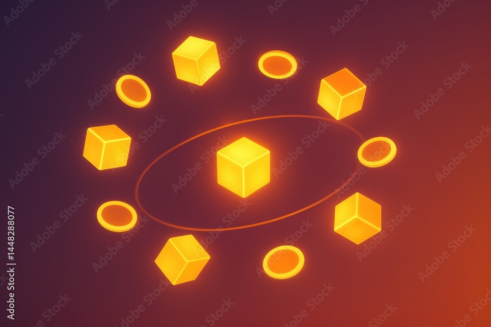 Poster glowing cubes and rings in symmetrical orbit on dark gradient background