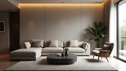 Modern Living Room Interior With Sofa Plants Coffee Table And Empty Wall