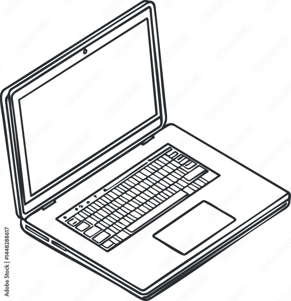 Poster black and white line drawing of an open laptop computer showing keyboard, screen, and trackpad from 