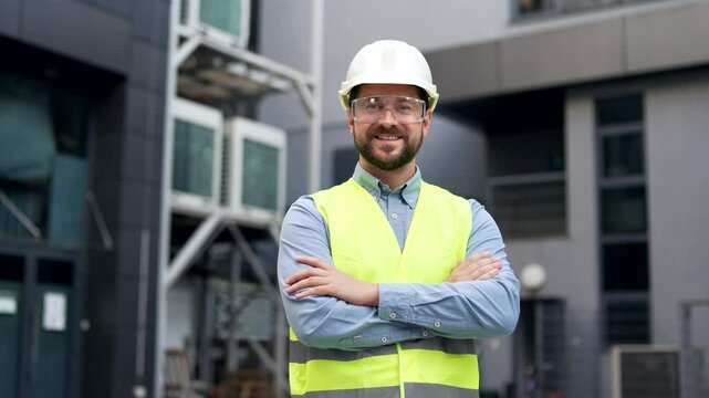 Portrait of smiling professional engineer wearing safety helmet, protective glasses and vest standing at factory with crossed arms. Headshot of confident industry manager in uniform looking at camera