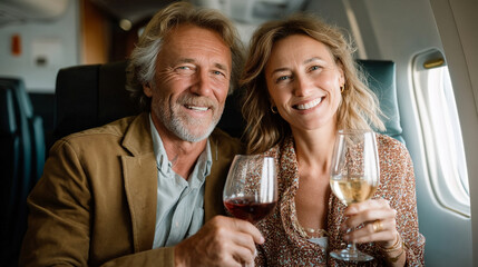Cheerful mature couple smile enjoying red and white wine during relaxing luxury flight journey in an airplane cabin