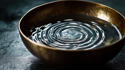 Close-up View of a Metal Singing Bowl Filled With Water and Creating Soothing Ripples