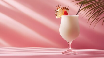 Fruity tropical beverage with strawberry garnish in a stemmed glass