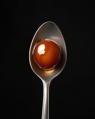 Close-up View of a Single Dark Brown Gulab Jamun on a Silver Spoon Against a Black Background