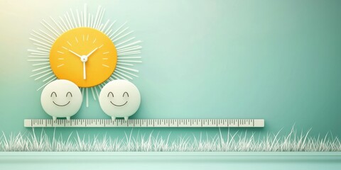 energy efficiency conservation optimization concept. Cheerful decor with smiling faces and a sun-themed clock on a teal background.