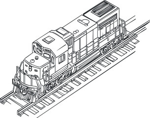 Black and white outline illustration of a locomotive train engine on railroad tracks
