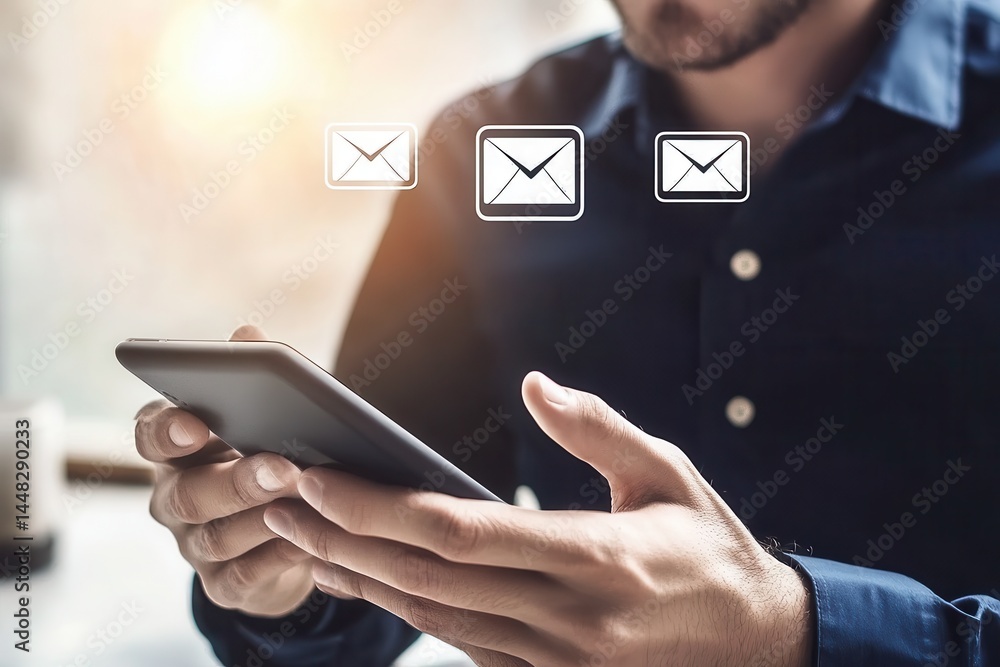 Poster man checking emails on smartphone in modern office with soft lighting and blurred background