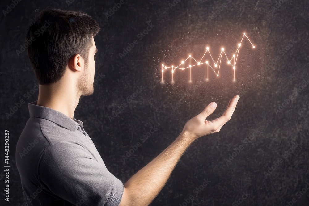 Poster man analyzing growth trends through a digital graph in a dark, modern workspace