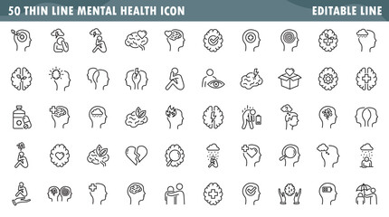 mental health set icons, anxiety or stress, psychology, brain, mental personality problem ,thin line symbol isolated on white background, editable stroke eps 10 vector illustration