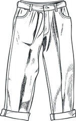 Black and white line art illustration of casual pants with folded cuffs and pockets, suitable for fashion and apparel design.