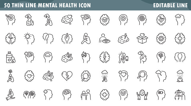 mental health set icons, anxiety or stress, psychology, brain, mental personality problem ,thin line symbol isolated on white background, editable stroke eps 10 vector illustration