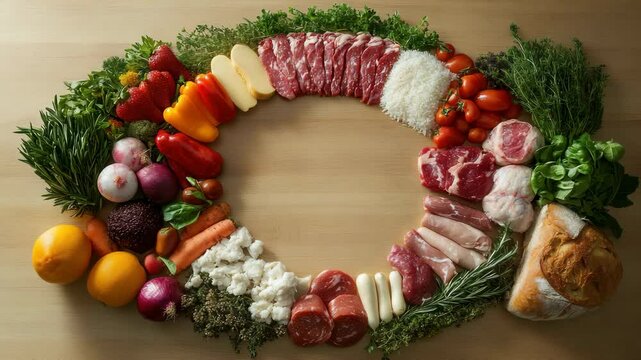 A colorful assortment of fresh vegetables, meats, herbs, and bread arranged in a circular pattern on a wooden surface.