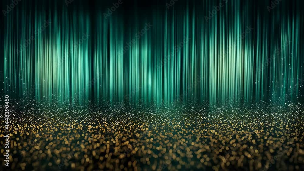 Poster abstract teal and gold shimmer background with flowing lines and bokeh lights, glowing effect