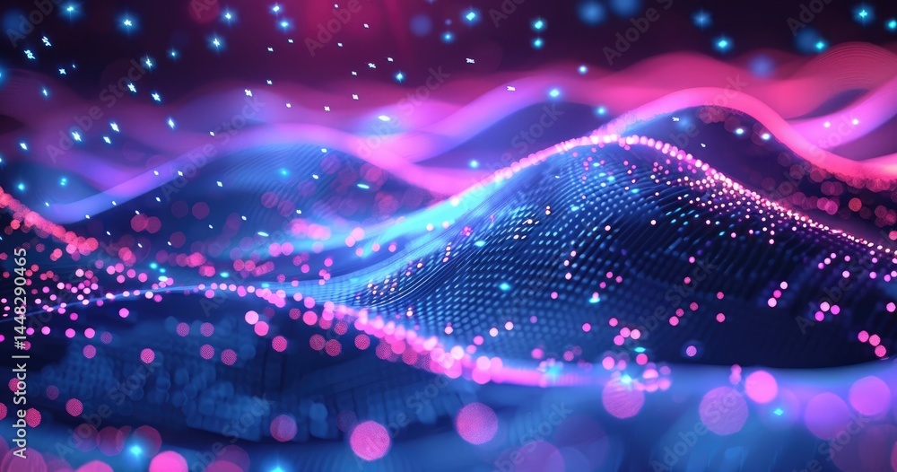 Poster abstract digital waves with vibrant colors and glowing particles.