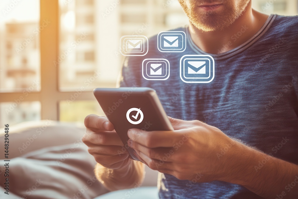 Poster man checking smartphone notifications while sitting in a sunlit room with urban background