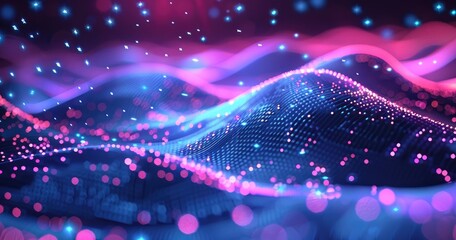 Abstract digital waves with vibrant colors and glowing particles.